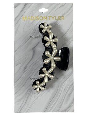 Madison Tyler Faux Pearl Flower Hair Claw Clip Black White Womens NWT